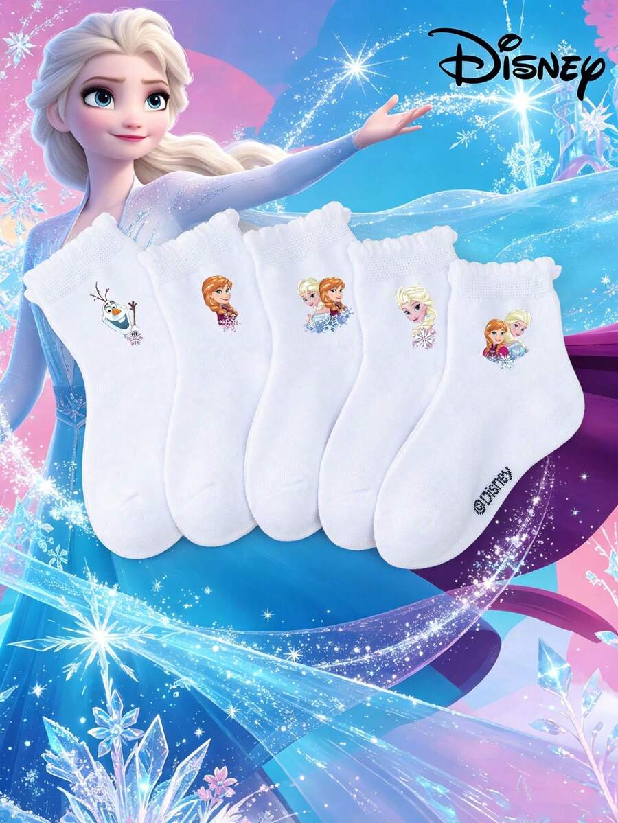 Disney 1/5 Pairs Frozen Black Double Stripe White Mid-Calf Socks, Girls' Short Socks, Soft Comfortable Breathable, Non-Slip Boat Socks, Cute Casual Style, Suitable For Daily Wear/Party Gift/Easter/Summer, Multi-Color Socks, Blue Series Socks, Cartoon Fun, Simple Versatile Gift Socks, Girls' Student Sports Short Socks - White - View 1