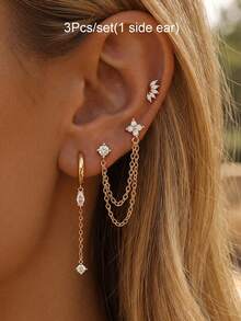 3pcs/Set Women's Fashion Long Chain Clover Stud Earrings, Daily Casual Jewelry Accessories - 3Pcs/set(1 Side Ear) - View 6