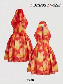 YijiaNvz  MOD Vestido corto de verano para mujer con cintura ceñida y cuello con efecto tie-dye - Naranja - Ver 7