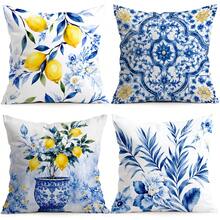 4pcs/1pc Fronha de Almofada em Porcelana Azul e Branca com Padrão Floral de Limão Sem Enchimento, Fronha de Almofada Impressa em Um Lado, Adequada para Sala de Estar, Quarto, Decoração de Casa, Fronha de Almofada para Todas as Estações - Multicolorido - Ver 2