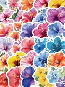 50Pcs Watercolor Tropical Hibiscus Flower Stickers, Vibrant Multicolor Hawaiian Floral Decals For Water Bottle, Laptop, Luggage & Junk Journal DIY Decor - Multicolor - View 8