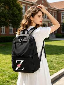 5/1pc Black Backpack A-Z 26 Floral Initial Print Multi-Zipper Large Capacity Lightweight Casual Style Student Classroom Travel Daily Use Laptop Storage Backpack Back To School Gift - Multicolor - View 3
