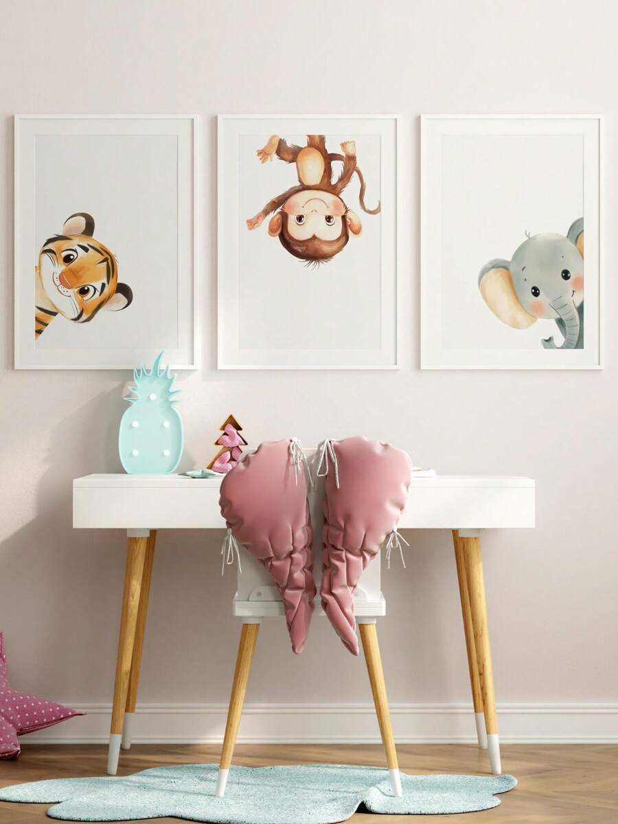 3 piezas de arte de pared enmarcado en lienzo para guardería, animales en acuarela, tigre lindo jugando al escondite, mono colgante y elefante asomándose, impresiones de arte, decoración de guardería estilo bohemio en tonos neutros, obra de arte enmarcada lista para colgar, adecuada para dormitorio de niños pequeños, sala de juegos, guardería, también como regalo de baby shower, regalo de pequeño tesoro, arte con tema de aventura y naturaleza, estética de tonos suaves, decoración de acento moderna y caprichosa para habitación infantil - Multicolor - Ver 1