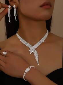 Juego de joyería para mujer con collar, pendientes, pulsera y anillo, patrón geométrico, elegante, set de 4 piezas, temporada de bodas - Plateado - Ver 1