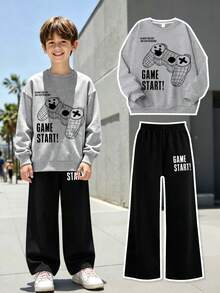 2pcs/Set Boys Round Neck Long Sleeve Sweatshirt With Game Controller Graphic And Minimalist Wide Leg Pants, Autumn/Winter New Daily Outfit - Grey - View 5