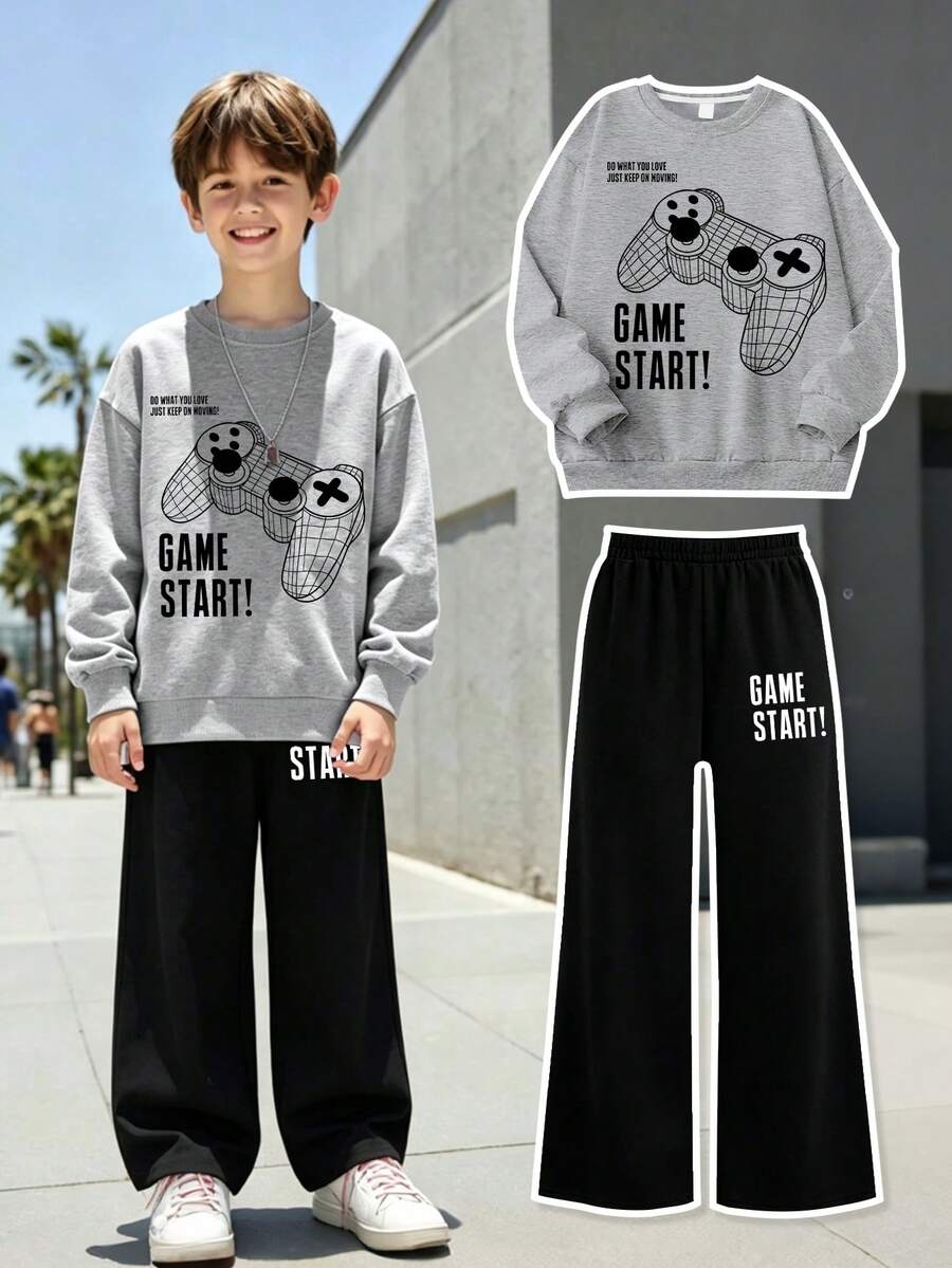 2pcs/Set Boys Round Neck Long Sleeve Sweatshirt With Game Controller Graphic And Minimalist Wide Leg Pants, Autumn/Winter New Daily Outfit - Grey - View 1