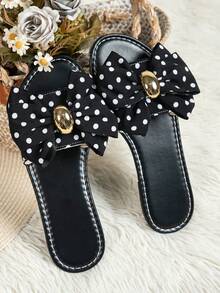 1 Pair Summer European & American Style Sweet Fashion Round Toe Women's Buckle Handmade Woven Bow Flat Slide Sandals - Black Floral Pattern - View 2