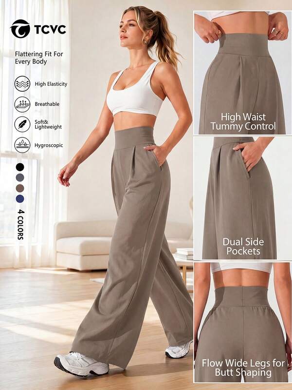 TCVC Women's High Waist Wide Leg Yoga Pants, Casual Tummy Control Palazzo Trousers With Pockets, Breathable Soft Activewear For Daily & Workout Sports