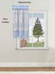 1pc Plaid Pattern Kitchen Short Curtain With Lace Trim And Pom Pom Decoration, Rod Pocket Top (Curtain Rod Not Included) Cabinet Curtain, American Country Pastoral Style Half Curtain, Suitable For Kitchen, Cafe, Bedroom And Other Decor - Blue - View 11