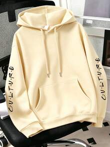 Plus Size Cartoon Slogan Print Thin Sweatshirt, Casual Long Sleeve Sweatshirt For Winter And Autumn, Women's Plus Size Clothing, Suitable For Beach, Vacation, Daily Wear, Party, School Events And Music Festival Occasions - Apricot - View 2