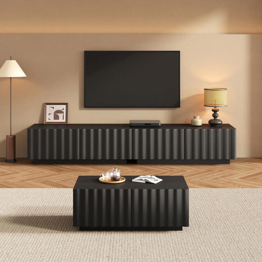 Living Room Set With Wavy Design, TV Unit + Coffee Table, Modern Storage Set, Sturdy And Practical. - Black - View 1