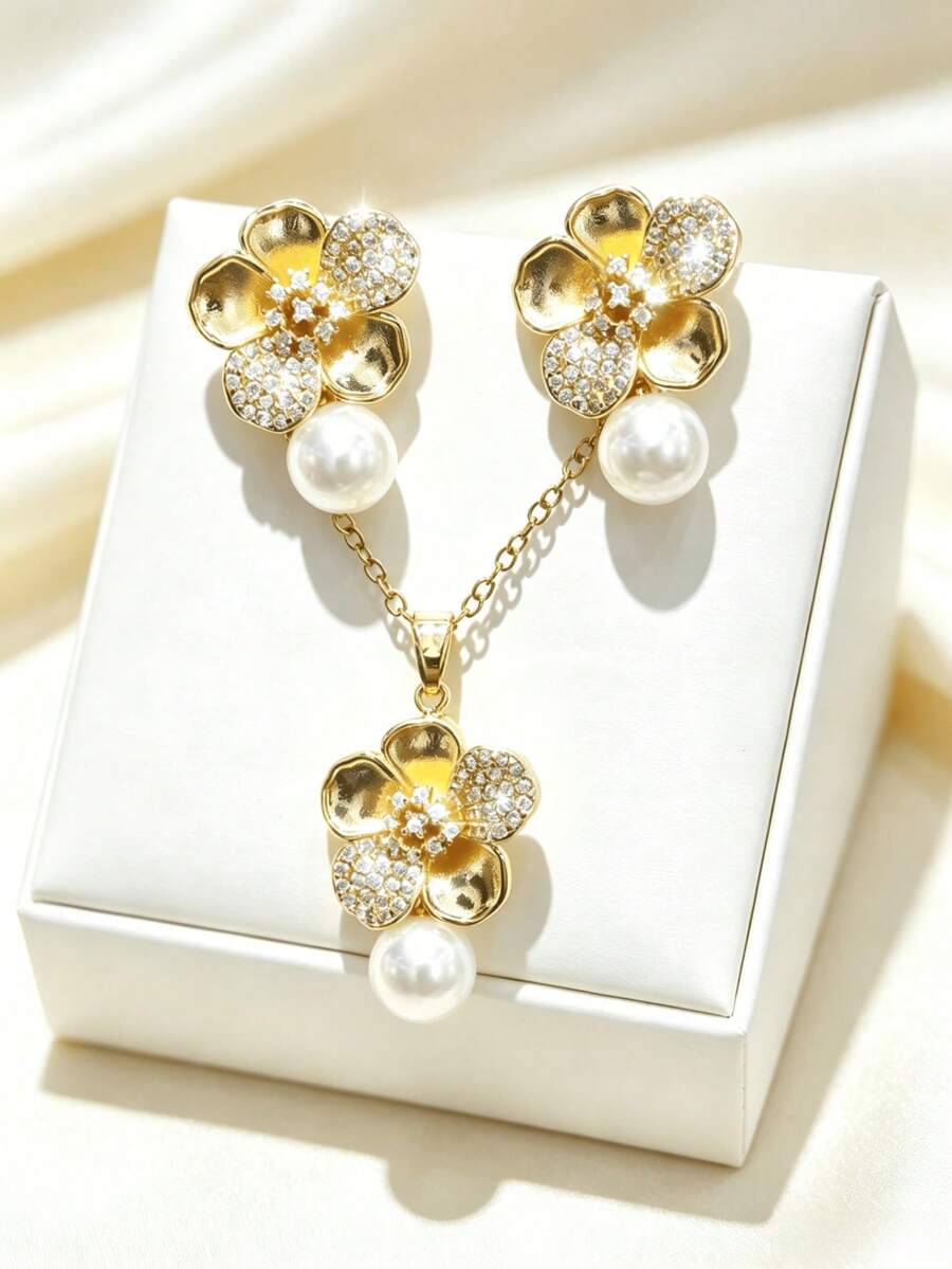 1 Set Stainless Steel Chain Zirconia Flower Pendant Women's Fashion Necklace & Earrings Jewelry, Gift Accessory - Style D - View 1