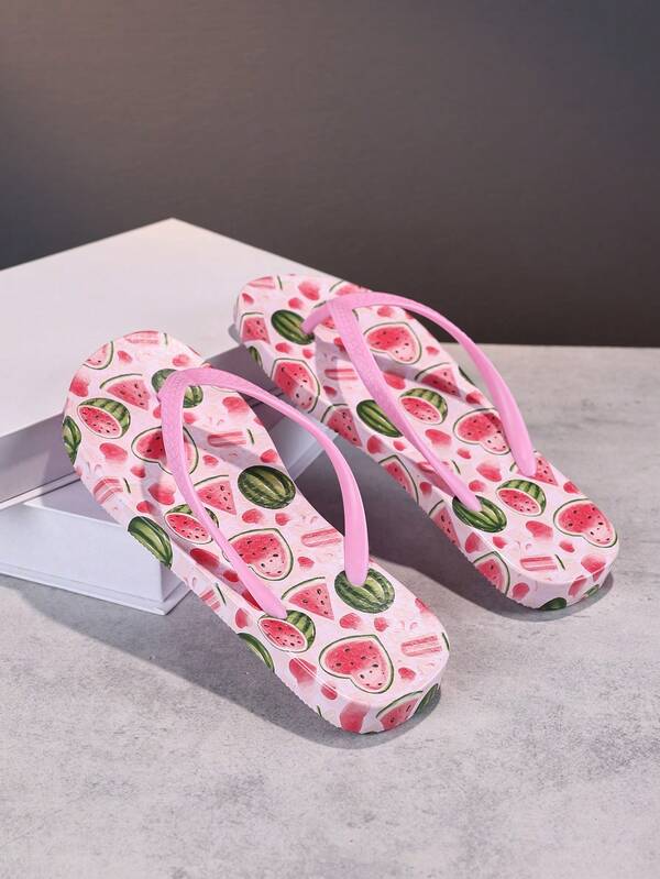 1 Pair Girls' Comfortable Fashion Casual Lightweight Fresh Watermelon Print Indoor/Outdoor Stylish Versatile Beach Holiday Flip Flops, Spring/Summer