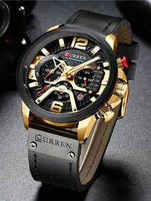 1pc Casual Men's Business Leather Strap Mechanical Watch, Calendar Men's Leather Strap Sports Watch - Gold - View 3