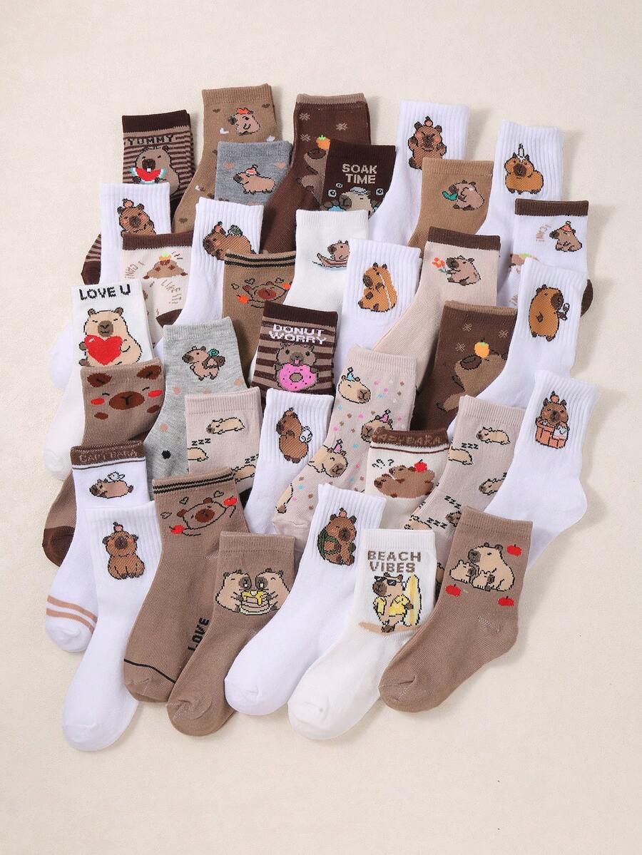 20 Pairs College Style Y2K Capybara Pattern Mid-Calf Socks, Fun Cartoon Animal Pattern Aesthetic Mid-Calf Socks, Suitable For School Daily Wear - Multicolor - View 1
