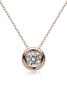 XUJIA 1pc Rose Gold 1ct Moissanite Bubble Necklace For Women, 925 Sterling Silver Moissanite Necklace, 6.5mm Round Bezel Inlaid Pendant, Adjustable 18"+2" Chain - PMO-078R - View 12
