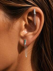 FOREVER QUEEN 1PC 925 Sterling Silver Chain Loop Stud Earring For Women, Colorful CZ Bar Front Back Chain Dangle Earring, Minimalist Cartilage Piercing Jewelry - Single Earring - View 7