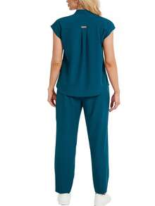 cimmuovere Plus Size Stand Collar Sleeveless Loose Top And Practical Multi-Pocket Pants Suit, Scrubs Set For Healthcare Workers Spring - Dark Green - View 2