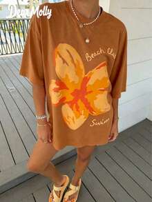 Tops Women Summer DEAR MOLLY Beach Club Swim Hibiscus Print T-Shirt,Casual Loose Round Neck Drop ShoulderShort SleeveTee,Daily Wear,&ComfortableY2k - 棕色 - 查看 7