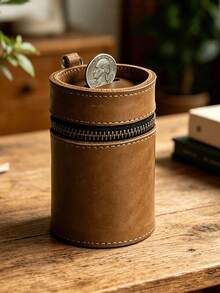Handcrafted Genuine Leather Coin Bank, Made Of Top Grain Cowhide, Fits In Car Cup Holder, Can Be Used As Coin Purse, Coin Storage Box, Wallet Or Zipper Pouch, Full Grain Leather, Coffee Brown, Unique - Multicolor - View 3
