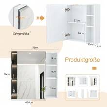 [Single Wall-Mounted Mirror Cabinet] 55 * 56 Cm, Wall-Mounted, White HDF Panel + Safety Mirror Glass Door, Divided Storage Space + Thick HD Mirror, Ideal For Bathroom / Dressing Room. - White - View 8