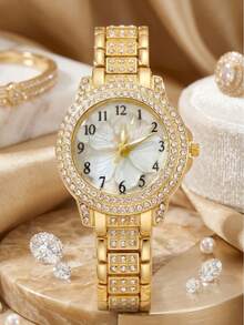 4PCS/Set Fashion Women's Watch, Elegant Luxury Rhinestone Floral Dial Quartz Watch With Rhinestone Necklace, Earrings, Ring, Suitable For Daily Wear, Holiday Parties, Weddings, Christmas And Other Occasions, Gift For Girlfriend - Multicolor - View 2