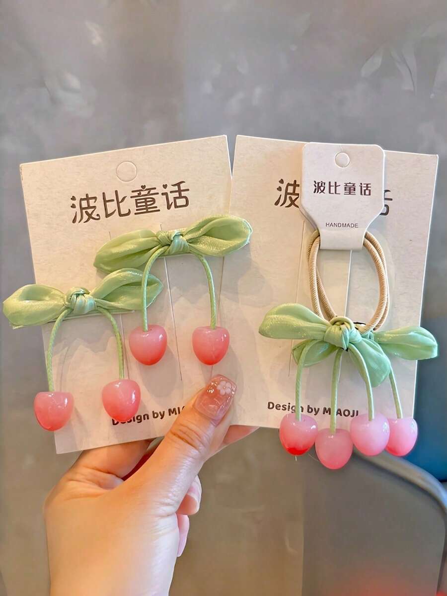 2pcs Vintage Velvet Bow Cherry Hair Clips, Cute Side Bangs Clips For Girls - Multicolor - View 1
