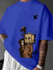 Manfinity Dauomo Men's Short Sleeve T-Shirt With Round Neck And Cartoon Print, For Summer. - 藍色 - 查看 1