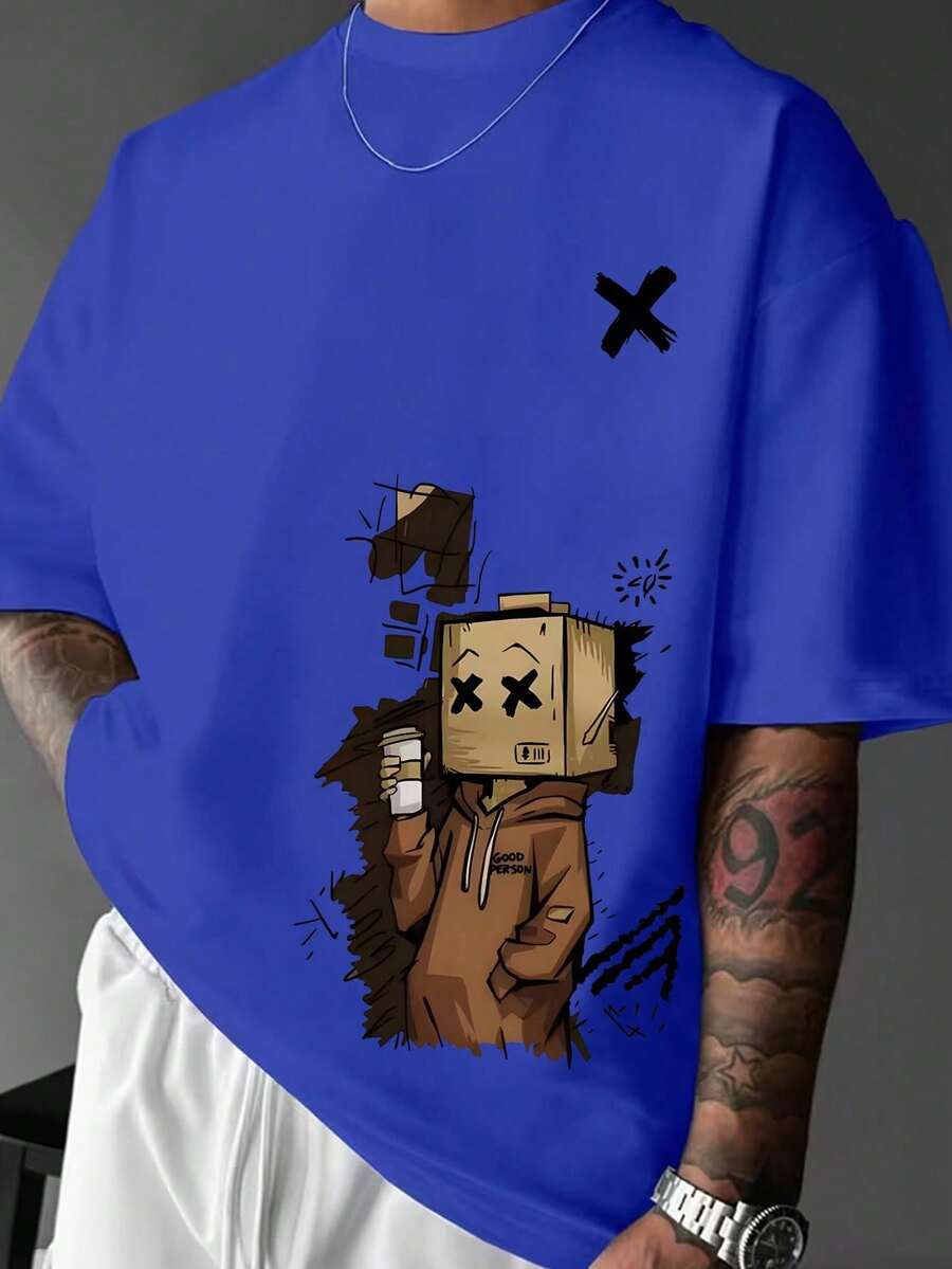 Manfinity Dauomo Men's Short Sleeve T-Shirt With Round Neck And Cartoon Print, For Summer. - 藍色 - 查看 1