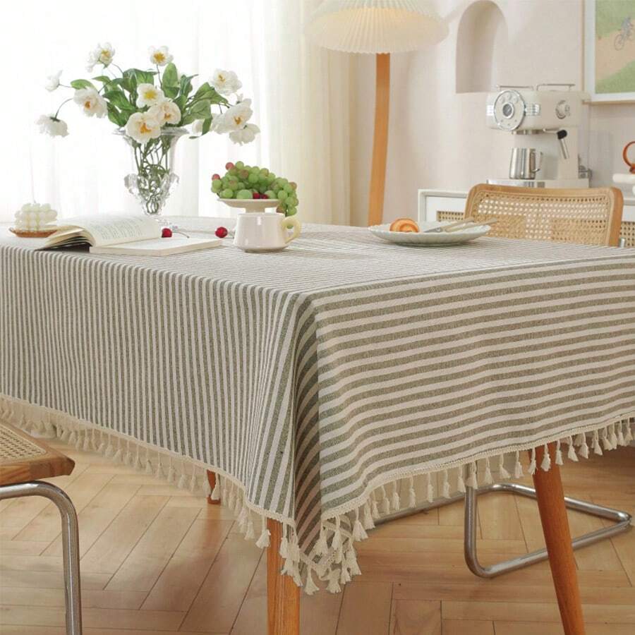 1 PC Striped Rectangular Tassel Tablecloth, Japanese INS Style Minimalist Round Table Atmosphere Dining Tablecloth, Washable Dustproof And Stain-Resistant Tablecloth, Suitable For Dining Table, Bar, Coffee Table, Outdoor Picnic Tablecloth, Party Decoration Tablecloth - Multicolor - View 1