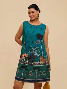 Vestido holgado sin mangas con estampado tropical para vacaciones de verano para mujer de talla - Verde - Ver 1