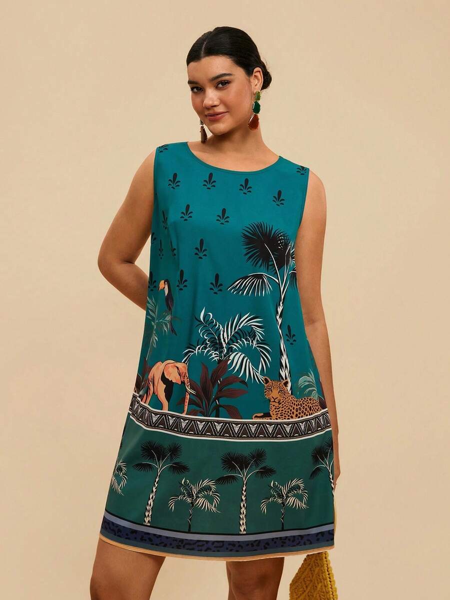 Vestido holgado sin mangas con estampado tropical para vacaciones de verano para mujer de talla - Verde - Ver 1