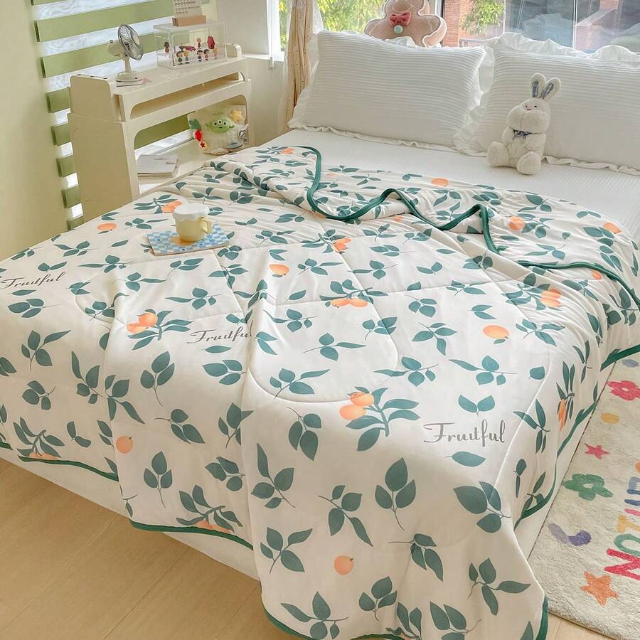 1件植物水果圖案印花薄被,不含枕套,夏季被,空調被,絎縫被,舒適邊緣設計夏季涼被絎縫床上用品,適用於宿舍、臥室、公寓等,適用於春夏季,不含枕套 - 綠色 - 查看 1