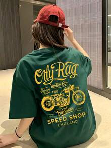 新款夏季 Z-Gen Y2K 風格女款趣味金色摩托車印花圓領短袖 T 恤休閒款 - 墨綠色 - 查看 5