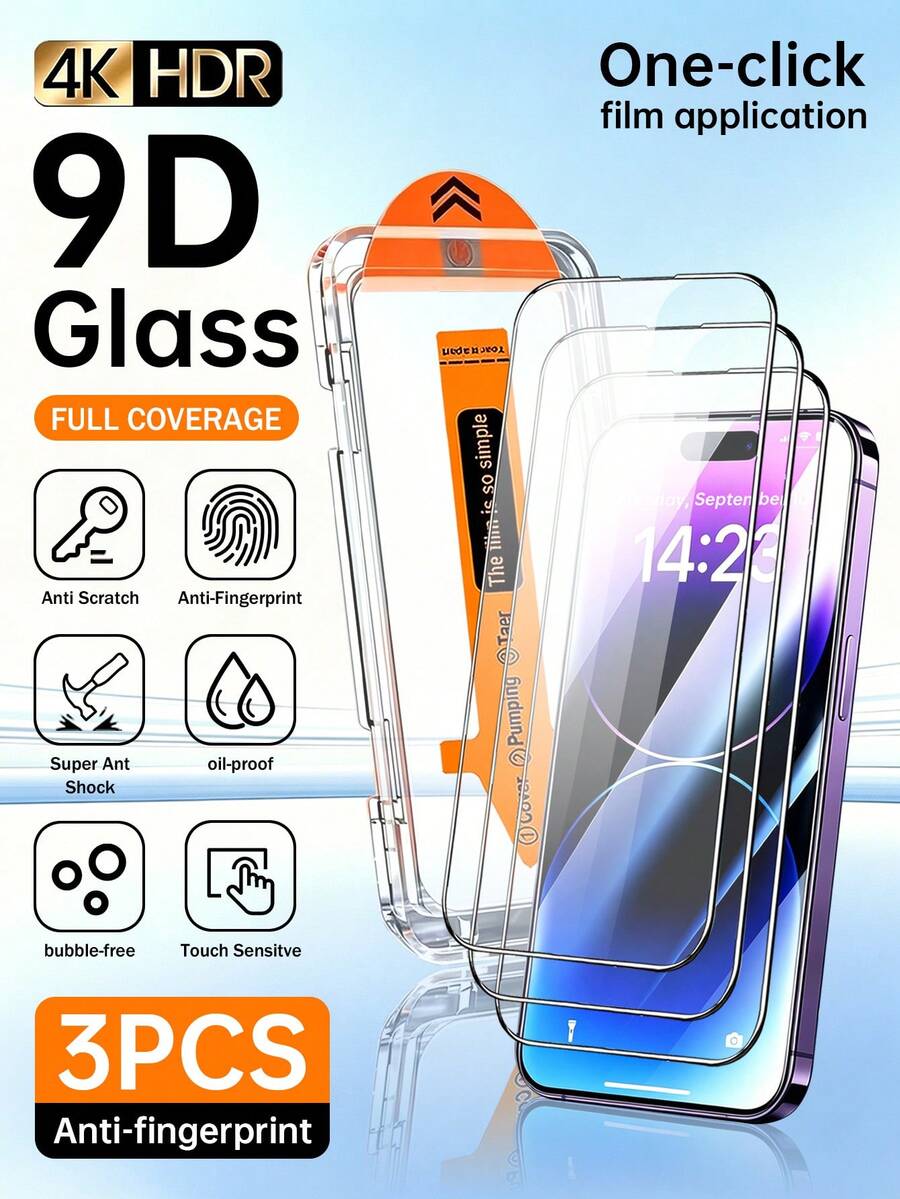 XINHONGYU 3-Pack Screen Protector, With Auto-Installation Kit, Compatible With 16 Pro Max/15 Pro/15/14 Pro Max/14/XS Max, High Definition 9H Tempered Glass Privacy Screen Protector, Anti-Scratch, Anti-Fingerprint, Compatible With Phone Case, Compatible With Dynamic Island, Full Coverage Screen Protector - Clear - View 1