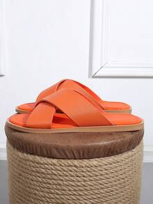 Men's Striped Slip-On Flat Sandals, Vacation Beach Spring/Summer Fashion Orange Home Slippers - Orange - View 5