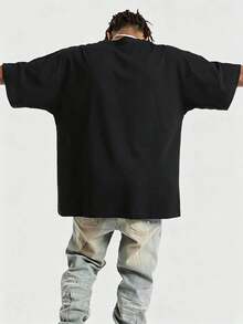 Men's Short Sleeve Batwing T-Shirt, Vintage Street Style, Solid Color Versatile, Suitable For Daily Wear - Black - View 2