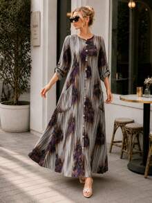 Plus Size Printed Maxi Dress for Women Long Sleeve Button Down Bohemian Casual Dress with Pockets - 紫色 - 查看 5