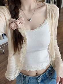 Rikumo 女士蓝色蕾丝边V领罩衫，可爱返校夏季轻薄披肩外套 - 杏色 - 查看 7
