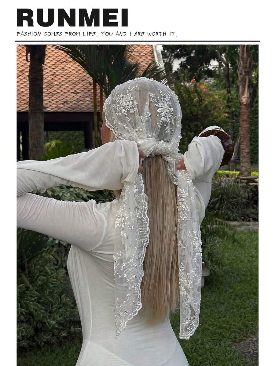 1件女款素色優雅蕾絲花卉頭巾，奢華波希米亞風頭巾/披肩，適合日常穿著、婚禮、夏季海灘度假 - 白色珍珠 - 查看 1