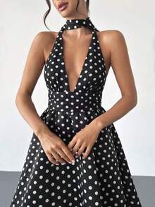 Vestido midi con cuello en V retro, espalda descubierta y cintura con lazo, adecuado para el Día de San Valentín, conciertos, actuaciones, ci - Blanco y Negro - Ver 4