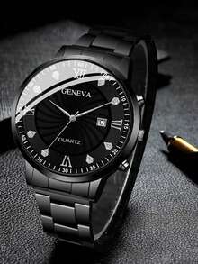 4pcs Men's Black Accessory Set, Black Dial Rhinestone Roman Numeral Quartz Watch Paired With Cuban Bracelet, Cross Necklace And Vintage Ring, Rugged And Handsome, Perfect Gift For Boyfriend, Son, Father On Birthday, Valentine's Day Or Father's Day, Showcasing Man Charm. Gift Box Not Included - Black - View 2