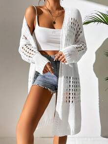 European And American Plus Size Solid Color Women's Hollow Out Mid-Length Thin Knit Lightweight Cardigan Summer Vacation Beach White - White - View 3