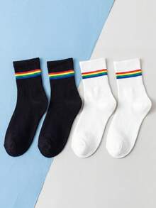 2/4 Pairs Unisex Classic Rainbow Striped Breathable Soft Mid-Calf Socks, Casual Sports Versatile, Suitable For Gifts, All Season - Multicolor - View 6