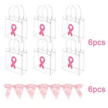 6pcs Breast Cancer Awareness Gift Bags With Pink Ribbon Pins&Bow Pink Ribbon Party Transparent PVC Gift Wrapping Bags With Handle For Breast Cancer Awareness Month Charity Party Favors - Clear - View 11