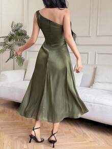 Vestido de verano de longitud media con cuello asimétrico, fruncido y sin mangas, de unicolor y elegante para mujer - Morado - Ver 3