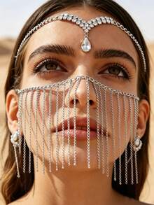 1pc New Tassel Mask For Women, Minimalist Bohemian Style, Lightweight Luxury, Personalized Fashion Face Accessory For Stage Performance - Silver - View 1