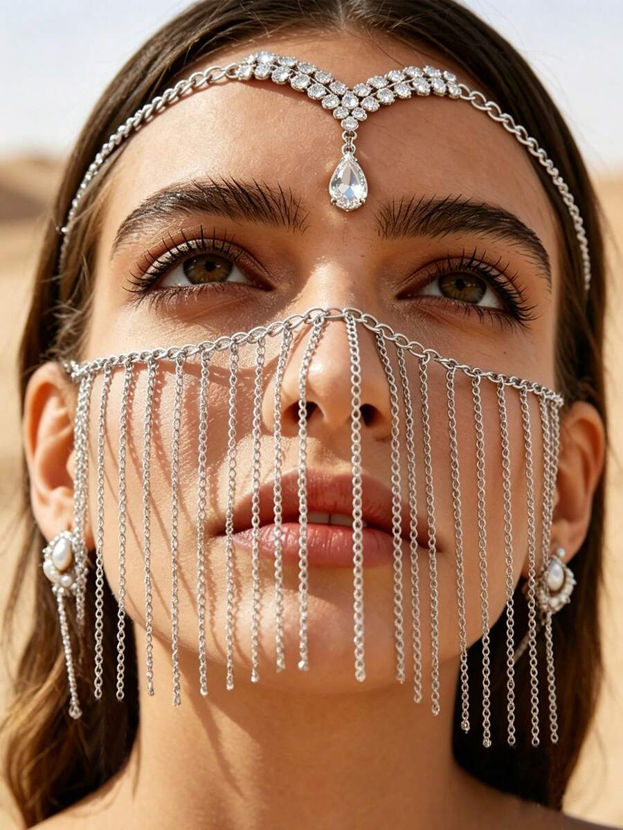 1pc New Tassel Mask For Women, Minimalist Bohemian Style, Lightweight Luxury, Personalized Fashion Face Accessory For Stage Performance - Silver - View 1