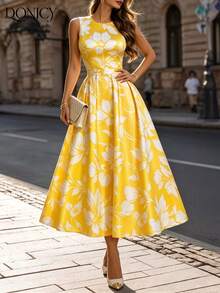 DONICY Women's Yellow Floral Sleeveless A-Line Dress, Casual Round Neck Vacation Wear - Yellow - View 9