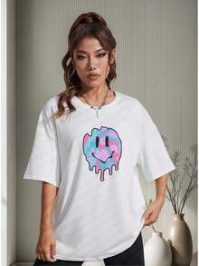 Camiseta De Hombros Caídos Con Estampado De Dibujos Animados - Blanco - Ver 9